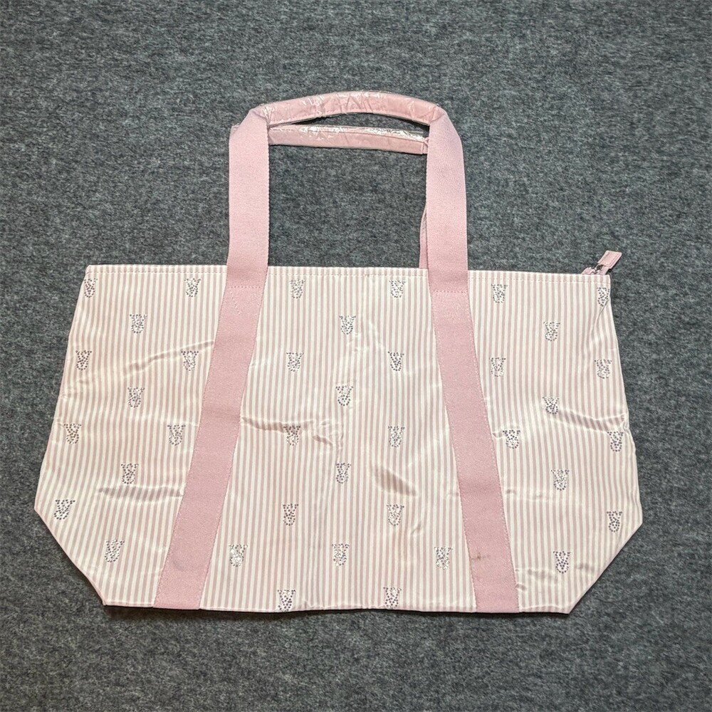 Victoria's Secret Tote Bag Womens Large Pink & White Striped Zip Top